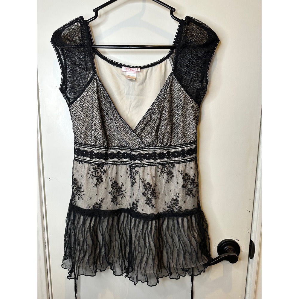 Halo Black Lace Tunic Top Women Large Cap Sleeve Empire Waist Ruffle Mesh Hem